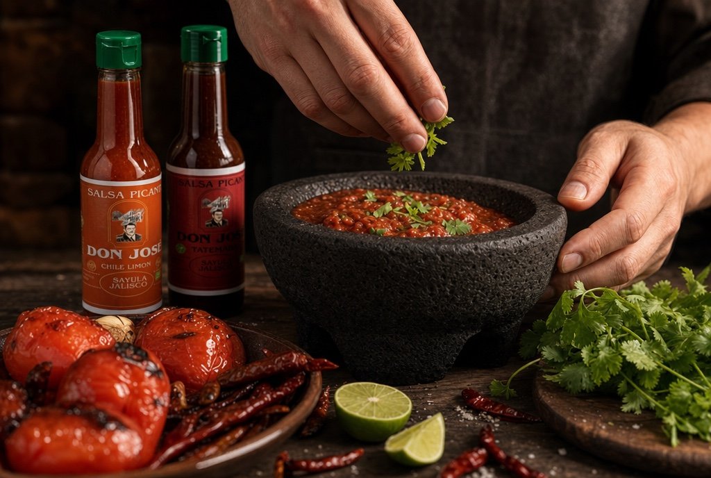 Preparación de salsa en molcajete con jitomates y chiles tostados